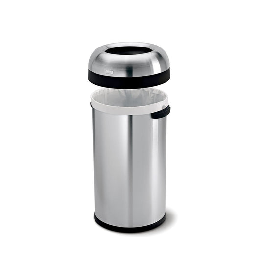 Detail view of Simplehuman 60L Bullet Open Can, Stainless Steel, showing the removable dome lid and liner fit.