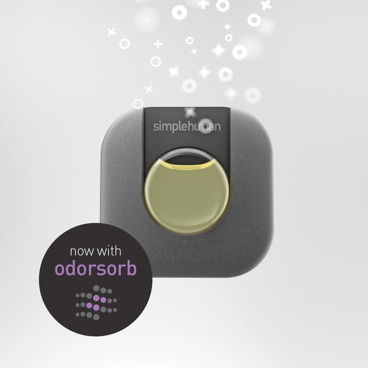 Simplehuman Odorsorb pod detail view, showing level indicator and replaceable odor absorption technology.