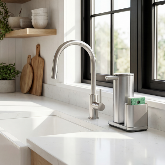 Simplehuman's 14 oz. Sensor Pump with Caddy in Brushed on a clean, bright kitchen countertop setting.