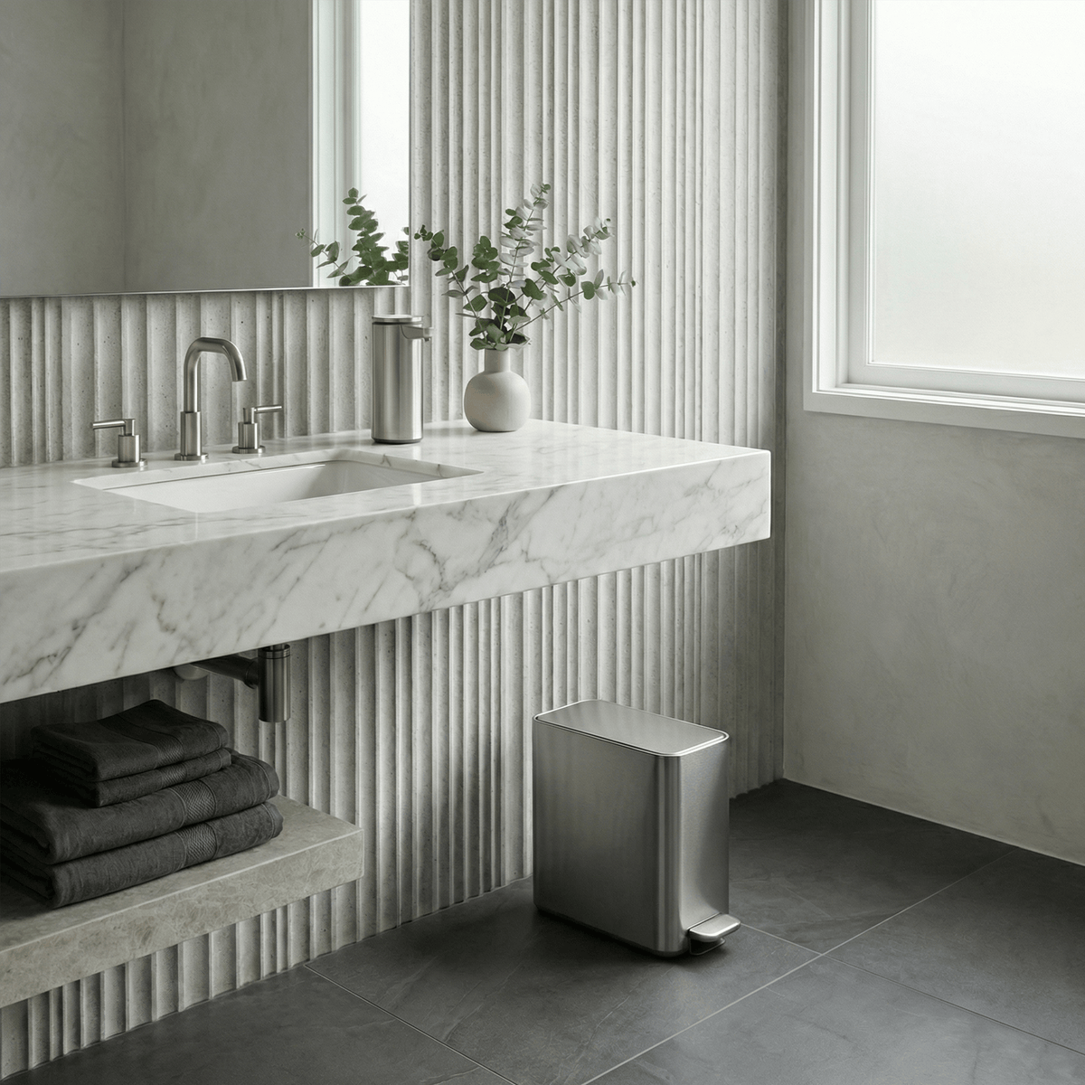Simplehuman's 9L Slim Step Can in Brushed in a modern, simple bathroom setting. Textured walls with stone flooring and a Simplehuman Sensor Pump in Brushed on the marble sink countertop.
