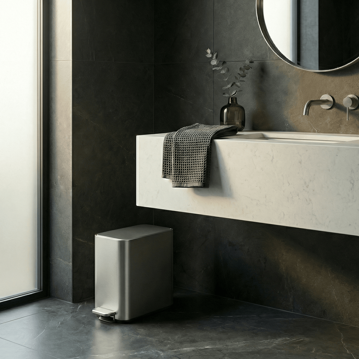 Simplehuman's Brushed 9L Slim Step Can in a darker bathroom environment with dark marble walls and floors.