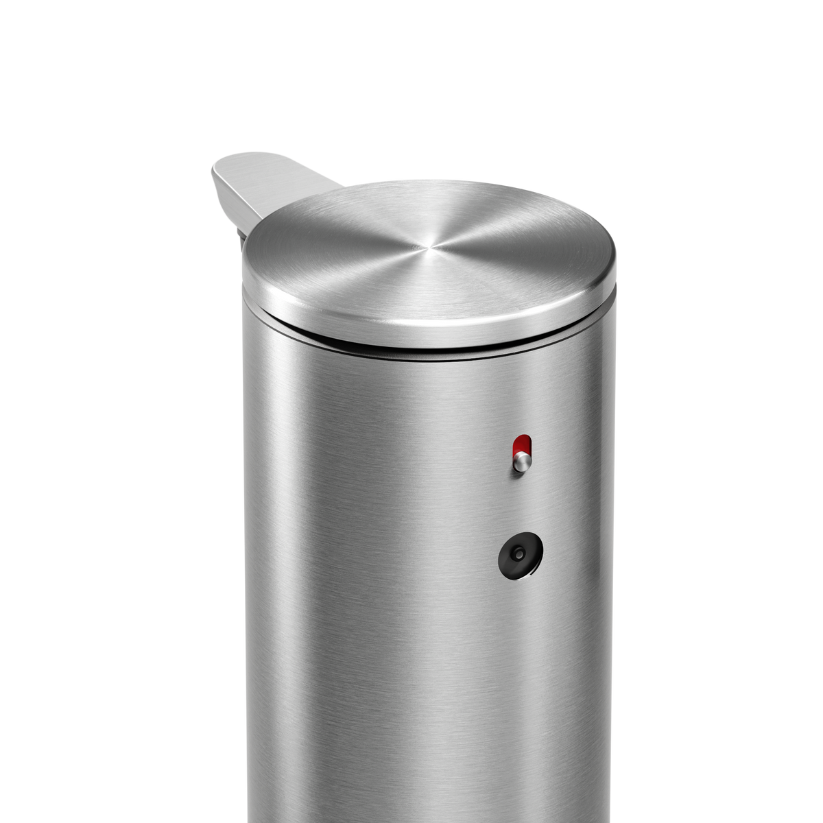 Detail view of Simplehuman 9 oz. Rechargeable Sensor Pump in Brushed Stainless Steel, showing power button and sensor.
