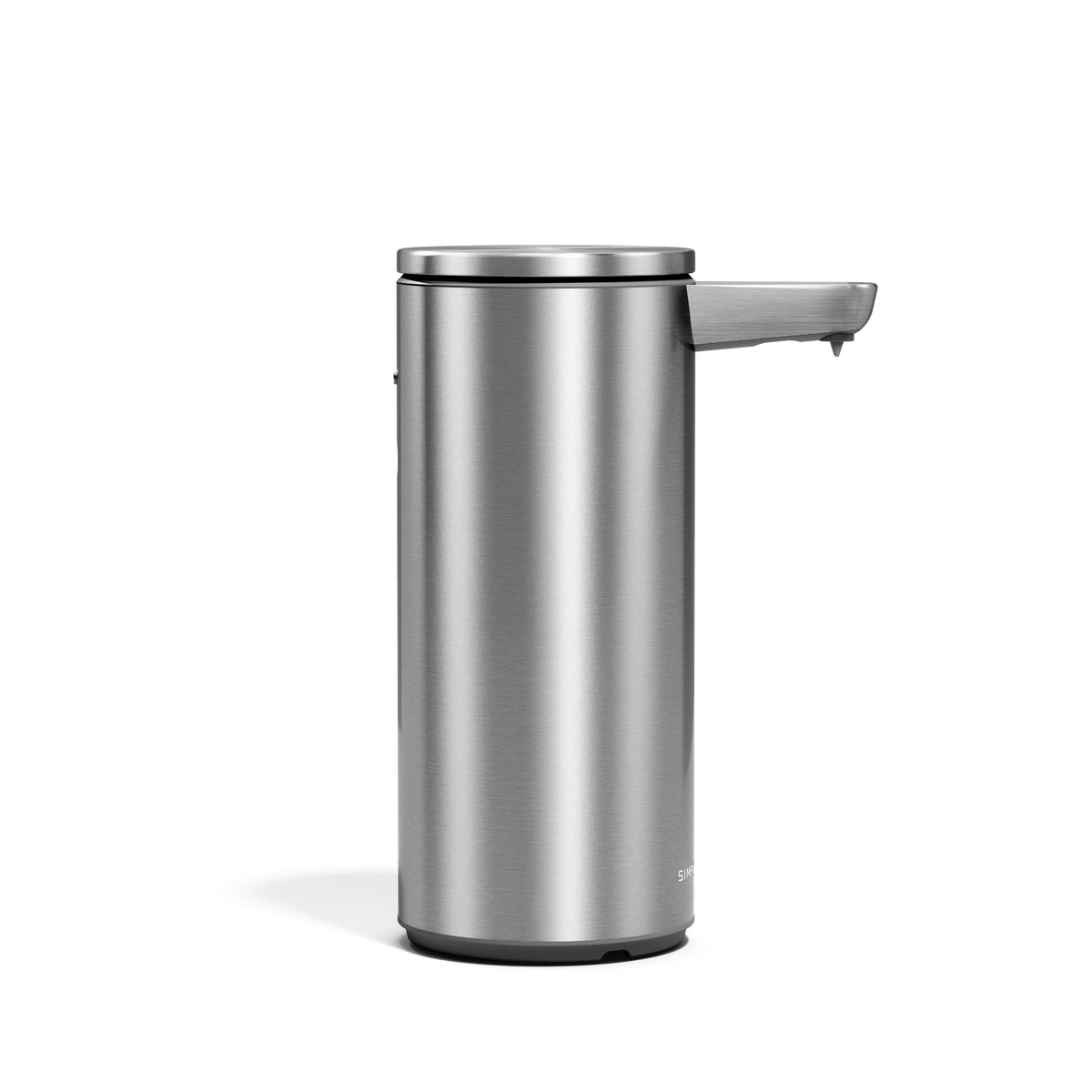 Side view of Simplehuman 9 oz. Rechargeable Sensor Pump in Brushed Stainless Steel, hands-free operation.