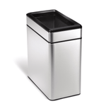Simplehuman 10L Slim Open Can in Brushed Stainless Steel, narrow profile for small spaces.