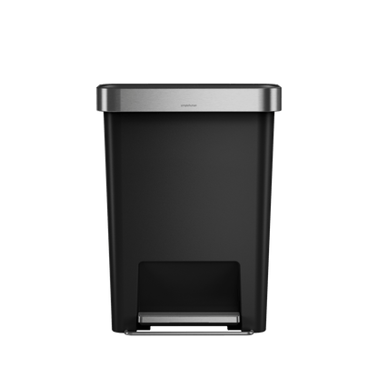 Simplehuman 45L Hybrid Rectangular Step Can, Matte Black/Brushed Stainless Steel, hands-free operation.