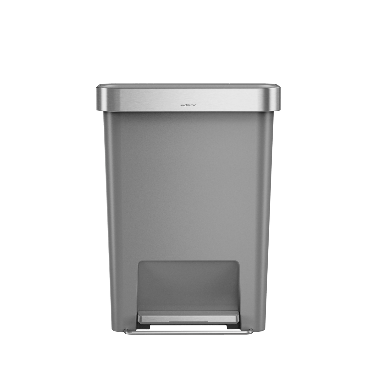 Close-up of Simplehuman 45L Hybrid Step Can, Matte body and Brushed Steel foot pedal for hands-free operation.