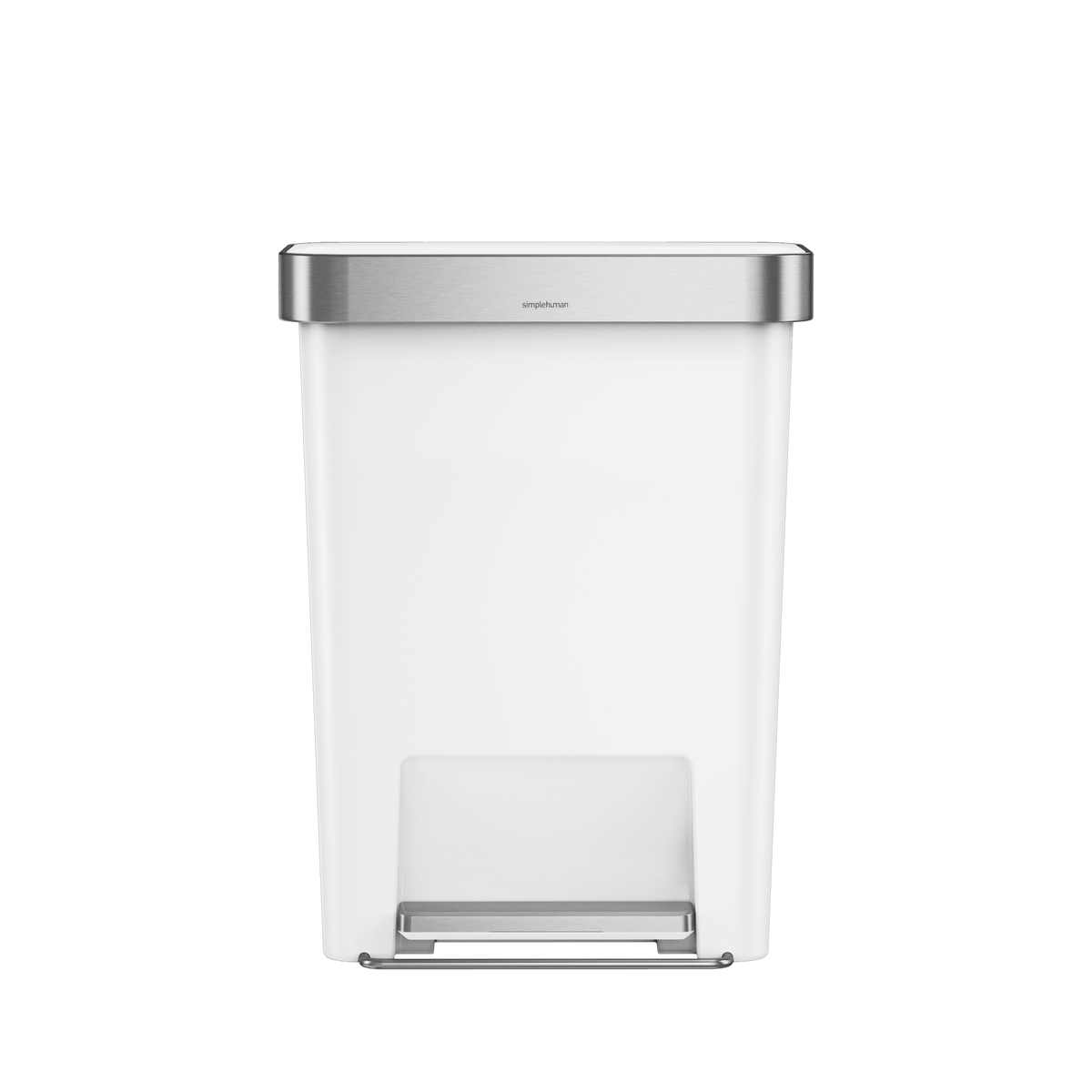 Simplehuman 45L Hybrid Rectangular Step Can, White/Brushed Stainless Steel, hands-free foot pedal.