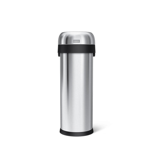 Front view of Simplehuman 50L Slim Open Can, Brushed Stainless Steel, space-saving design for high-traffic use.
