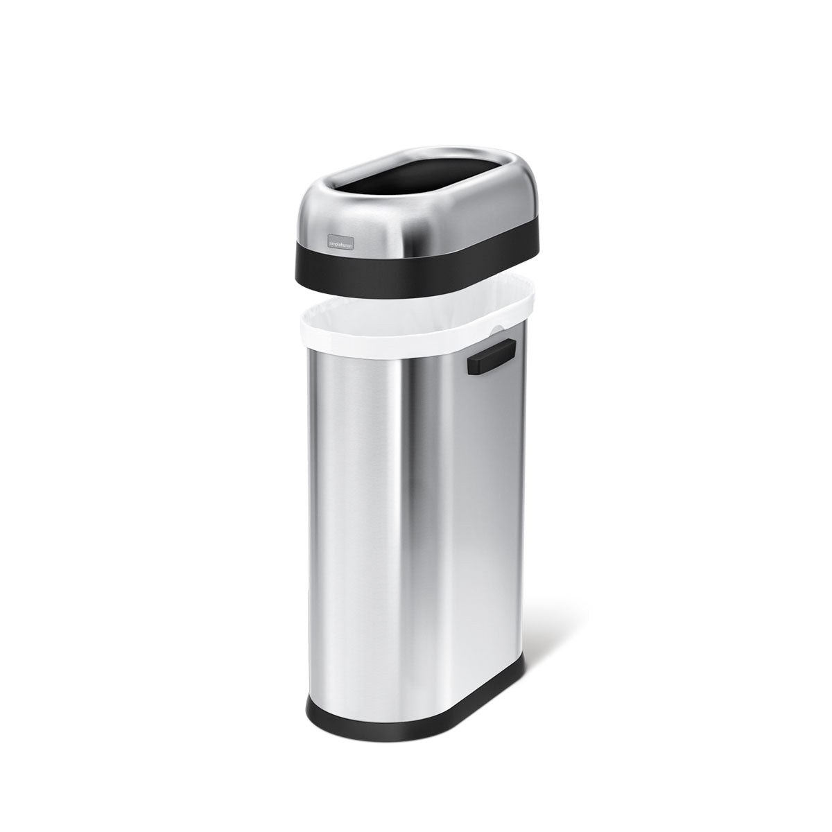 Detail view of Simplehuman 50L Slim Open Can, Brushed Stainless Steel, showing removable collar for easy bag change.