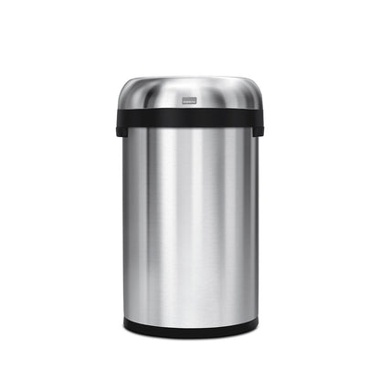 Front view of Simplehuman 60L Semi-Round Open Can, Brushed Stainless Steel, open top, space-saving design