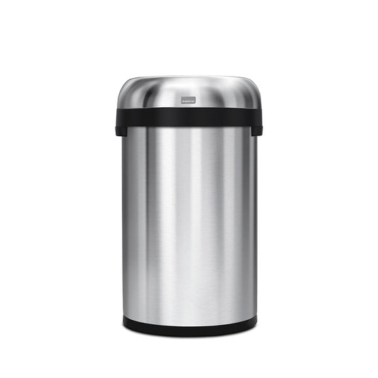 Front view of Simplehuman 60L Semi-Round Open Can, Brushed Stainless Steel, open top, space-saving design