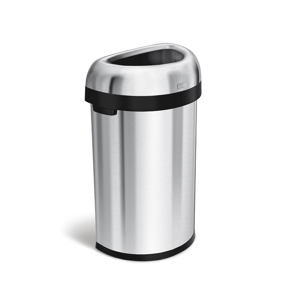 Angled view of Simplehuman 60L Semi-Round Open Can, Brushed Stainless Steel, space-saving design