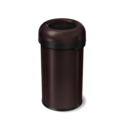Angled view of Simplehuman 60L Bullet Open Can, Brushed Dark Bronze, quick disposal design.