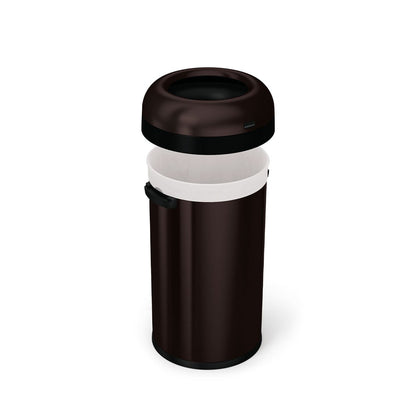 Detail view of Simplehuman 60L Bullet Open Can in Brushed Dark Bronze, showing the removable dome lid and liner.