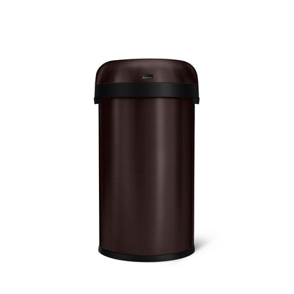 Simplehuman 60L Bullet Open Can in Brushed Dark Bronze, front view, high-capacity, open top for easy disposal.