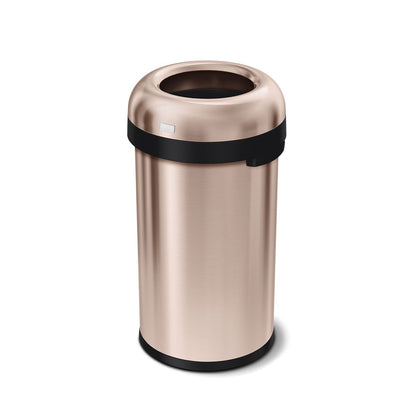 Angled view of Simplehuman 60L Bullet Open Can, Rose Gold finish, open top for high-traffic, quick disposal.
