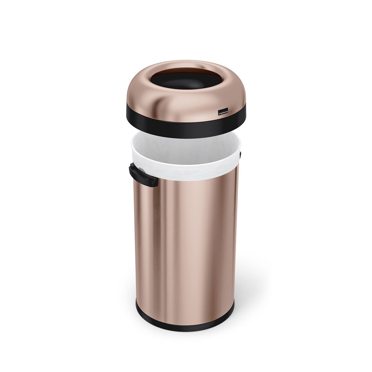 Detail view of Simplehuman 60L Bullet Open Can, Rose Gold, showing liner fit and removable dome top.
