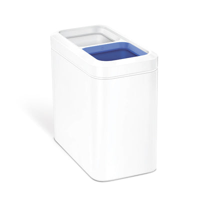 Angled view of Simplehuman White 20L Dual Compartment Slim Open Can, hands-free recycling solution.