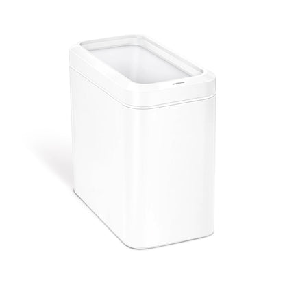 Angled view of Simplehuman 25L Slim Open Can in White, space-saving design.