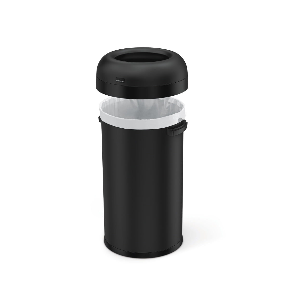 Detail view of Simplehuman 60L Bullet Open Can, Matte Black, showing removable lid for easy liner changes.