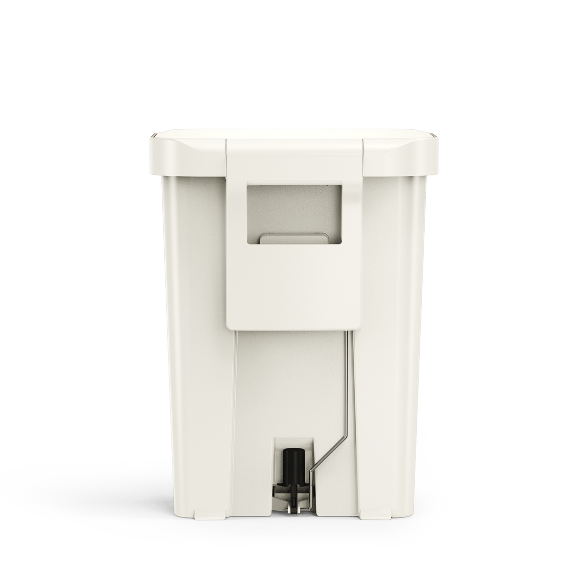 Back detail view of Simplehuman 45L Hybrid Step Can, Cream, showing integrated handle and pedal linkage.
