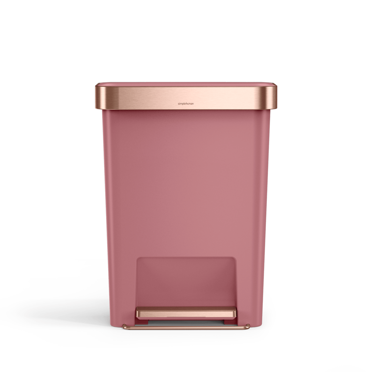 Simplehuman 45L Hybrid Rectangular Step Can, Dusty Rose/Rose Gold, hands-free operation.