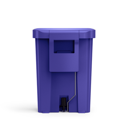 Back view of Simplehuman 45L Hybrid Step Can, Ultra Violet, showing integrated carry handle and pedal mechanism.