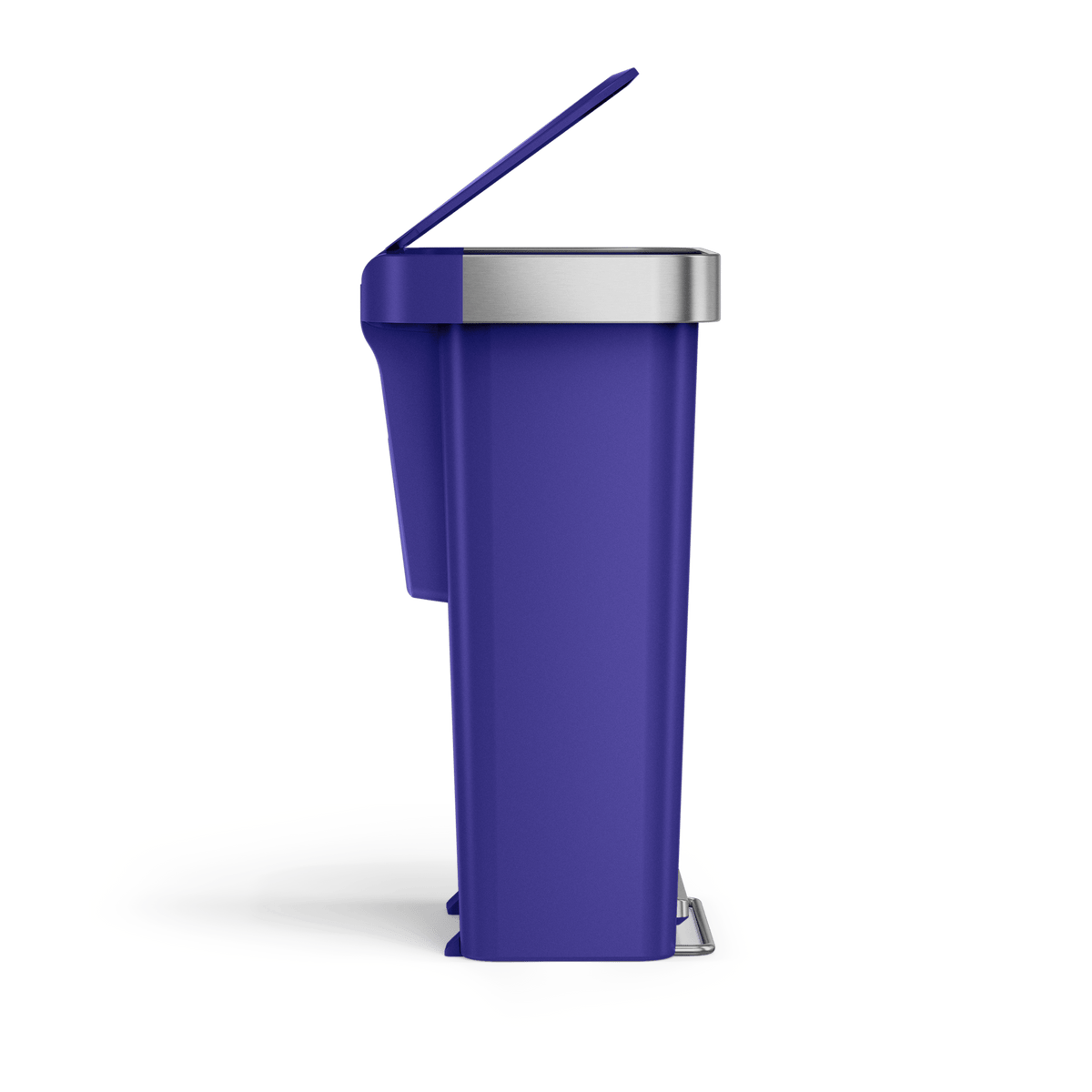 Side view of Simplehuman 45L Hybrid Step Can, Ultra Violet with Brushed Stainless Steel, hands-free pedal, lid open.