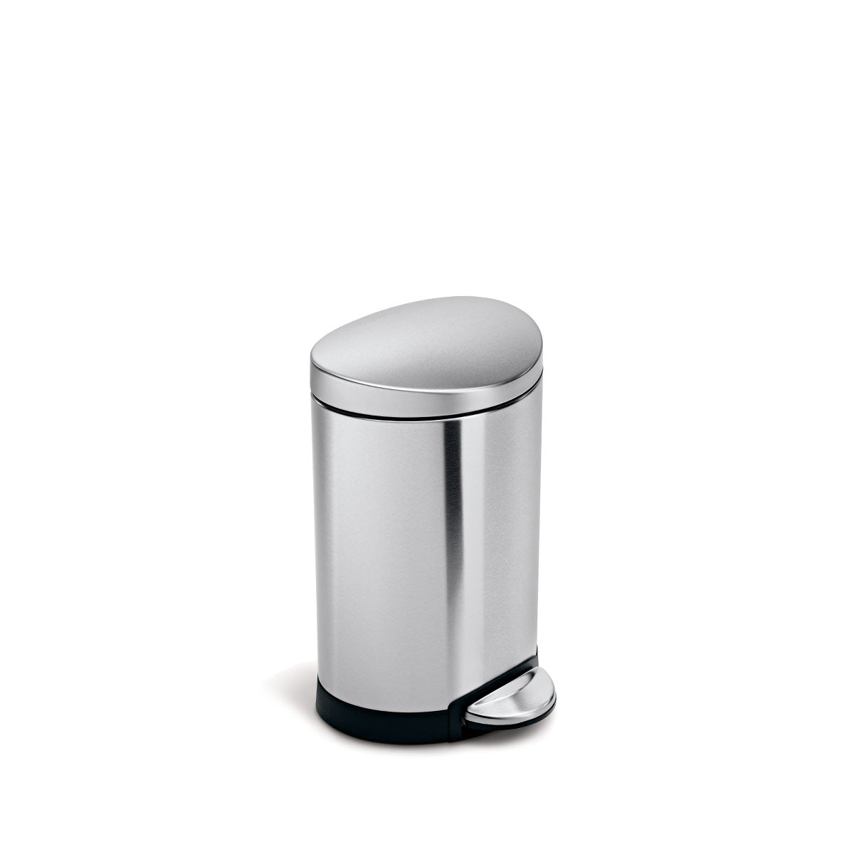 Simplehuman 6L Semi-Round Step Can in Brushed Stainless Steel with hands-free step pedal.