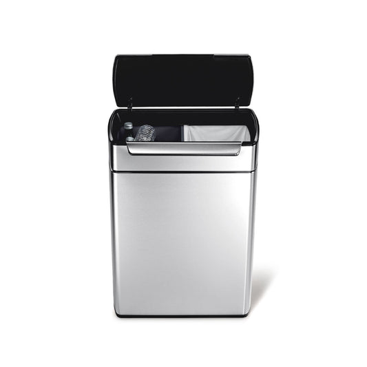 Simplehuman 48L Dual Compartment Touch-Bar Can, Brushed Stainless Steel, open for trash and recycling sorting.