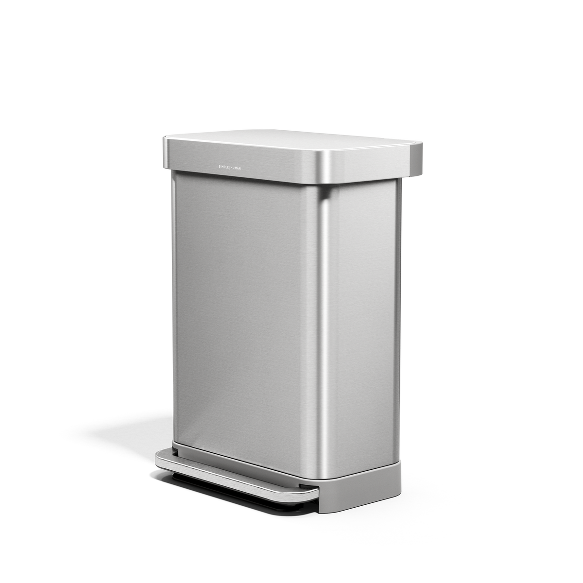 Angled view of Simplehuman 55L Rectangular Step Can in Brushed Stainless Steel, hands-free foot pedal, and liner pocket.