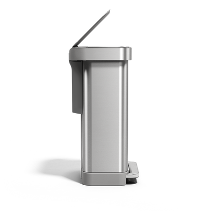 Side view of Simplehuman 45L Brushed Stainless Steel Step Can with lid open, hands-free pedal, and liner pocket.