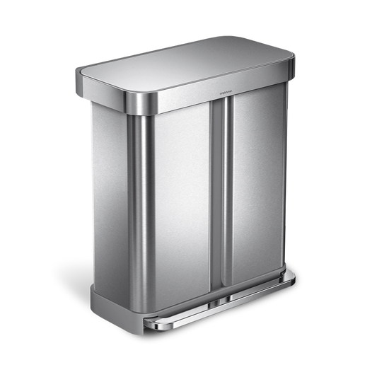 Angled view of Simplehuman Brushed Stainless Steel Rectangular Step Can, dual compartments, hands-free pedal.