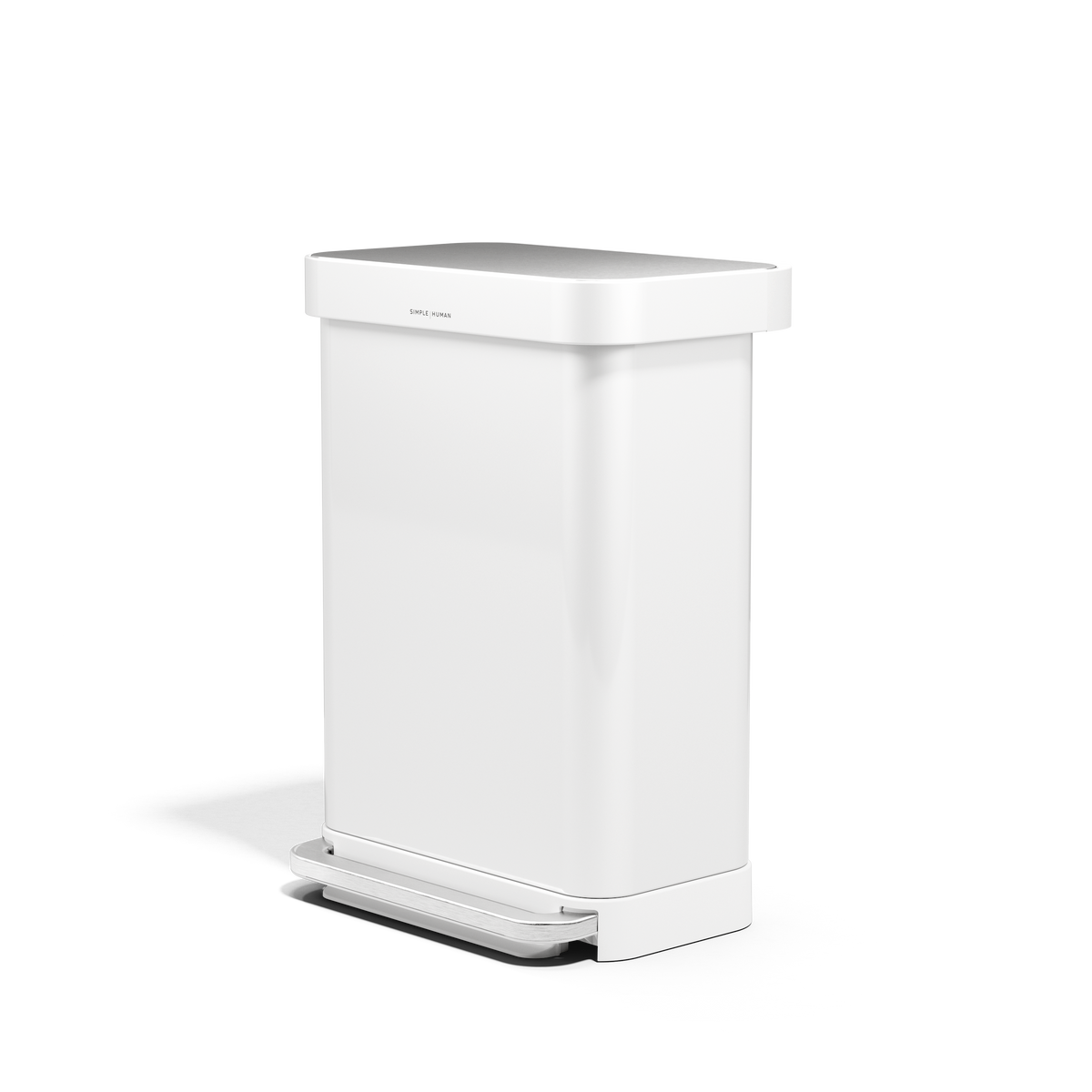 Angled view of Simplehuman 55L Rectangular Step Can in White with hands-free pedal and liner pocket.