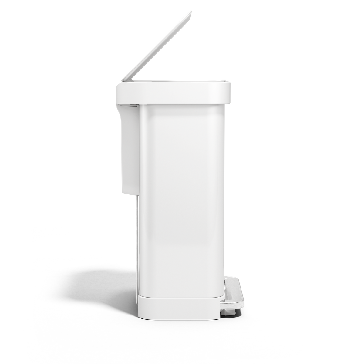 Simplehuman 55L Rectangular Step Can in White, side view with open lid and hands-free foot pedal operation.