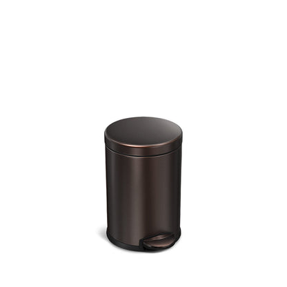 Simplehuman 4.5L Round Step Can in Dark Bronze finish, hands-free pedal operation.
