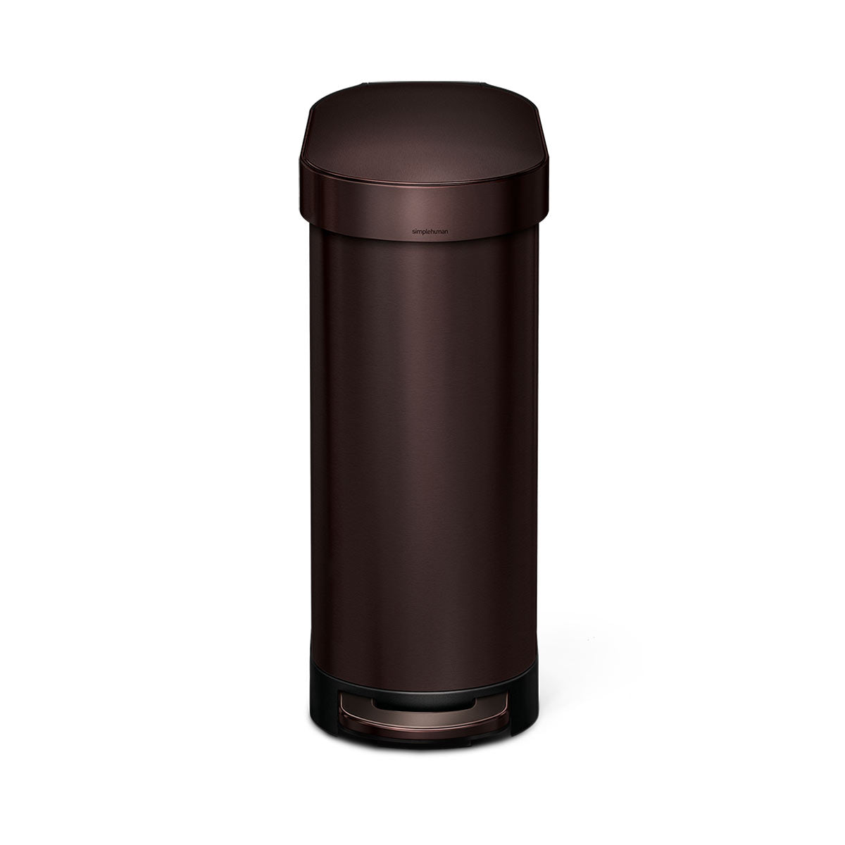 Simplehuman 45L Slim Step Can, Bronze finish. Front view showing slim profile and hands-free step pedal.