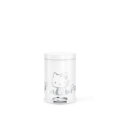 Front view of Simplehuman 4.5L Round Step Can, White with Silver Hello Kitty graphic, hands-free pedal.