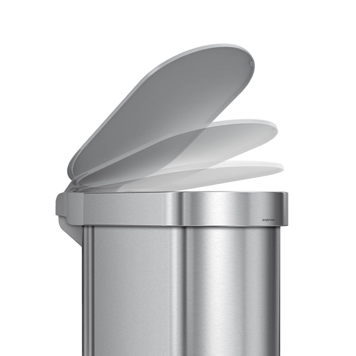 Detail view of Simplehuman 45L Slim Step Can, Brushed Steel, illustrating controlled lid motion.