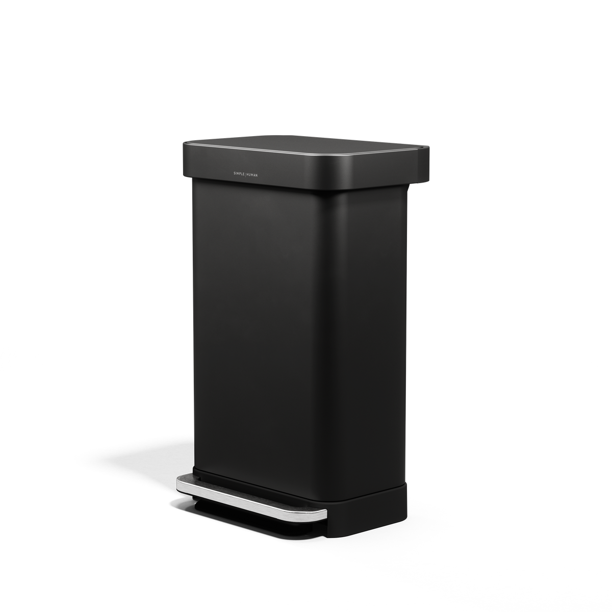 Angled view of Simplehuman 45L Matte Black Rectangular Step Can, hands-free pedal, liner pocket.