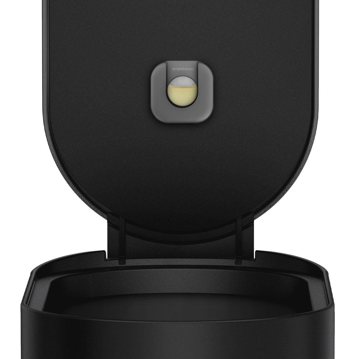 Detail view: Simplehuman Matte Black 45L Slim Step Can lid showing Odorsorb Pod compartment.