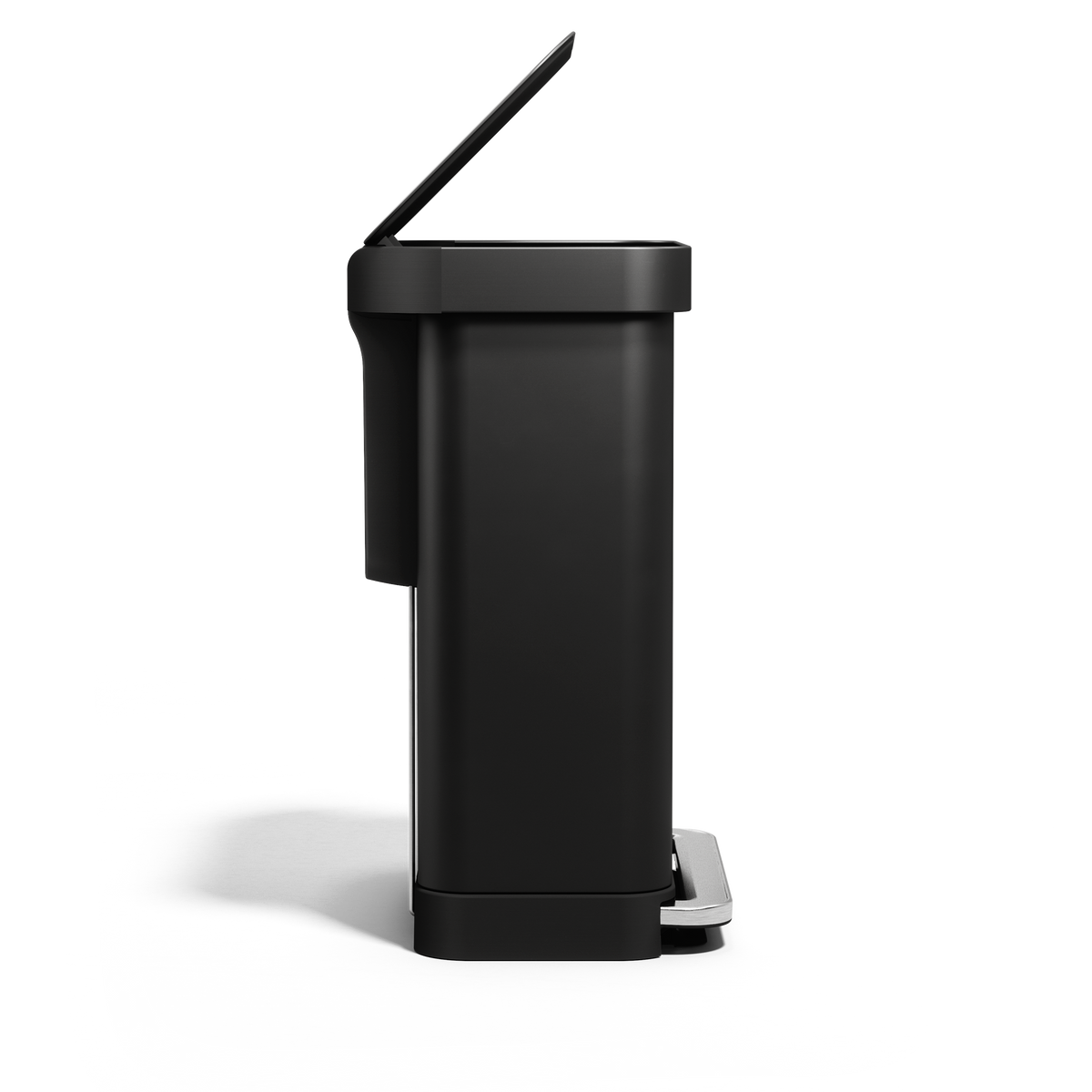 Side view of Simplehuman 55L Rectangular Step Can in Matte Black with open lid, showing hands-free foot pedal.