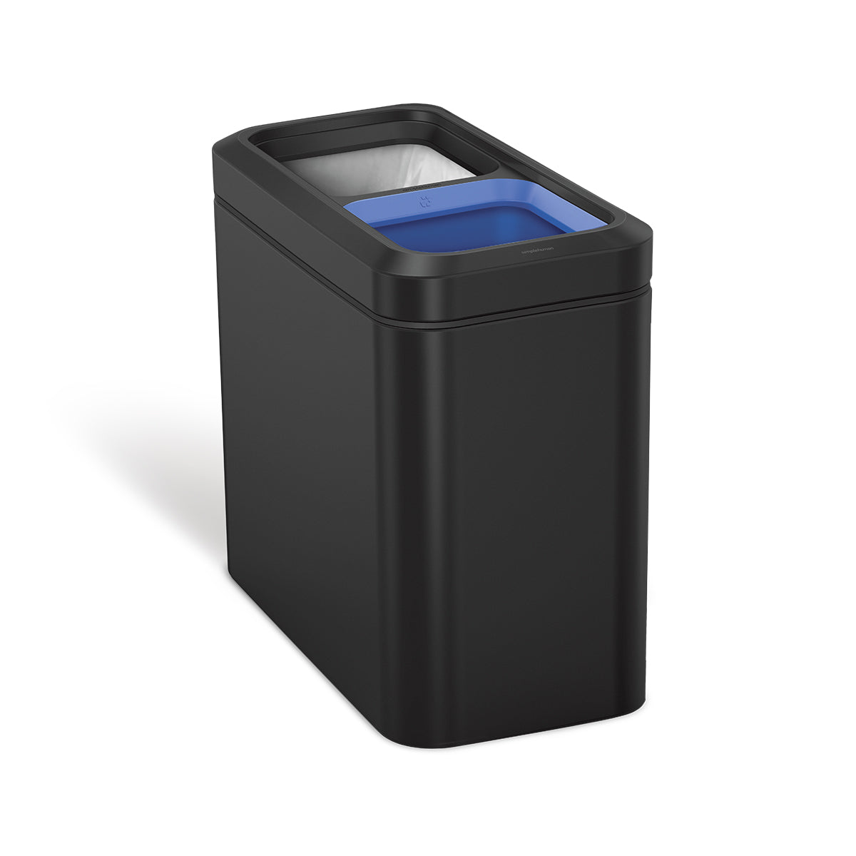 Angled view of Simplehuman Matte Black 20L Dual Compartment Slim Open Can, hands-free trash and recycling solution.