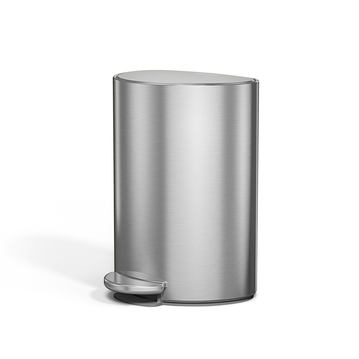 Simplehuman 6L Semi-Round Step Can in Brushed Stainless Steel, hands-free foot pedal, space-saving design.