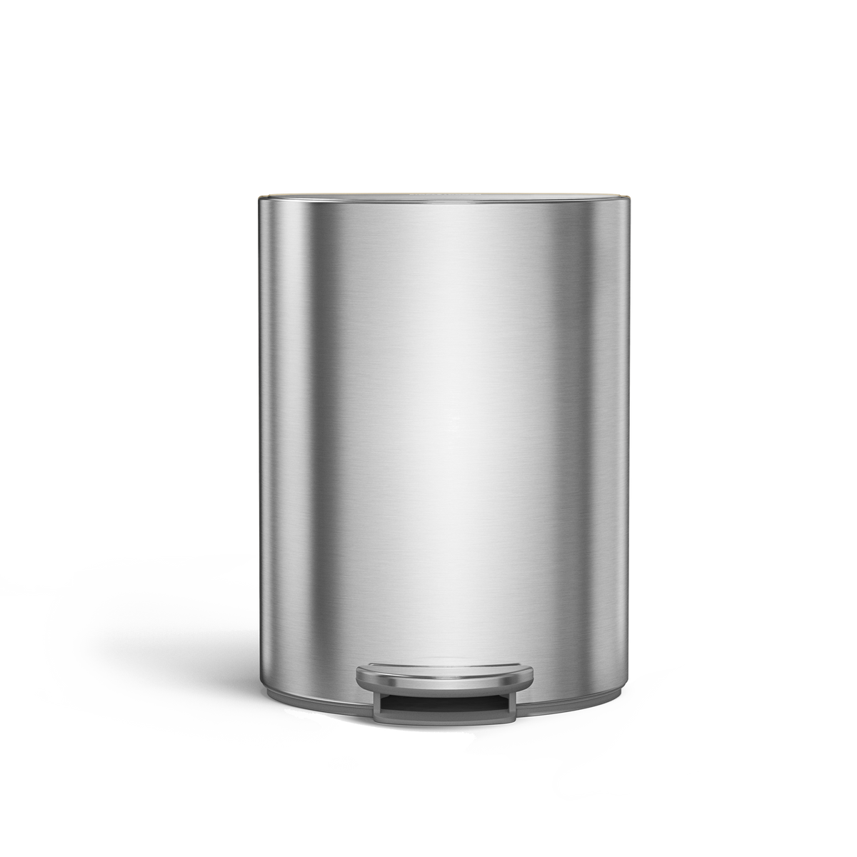 Simplehuman 6L Semi-Round Step Can, Brushed Stainless Steel, front view, durable steel pedal for hands-free use.
