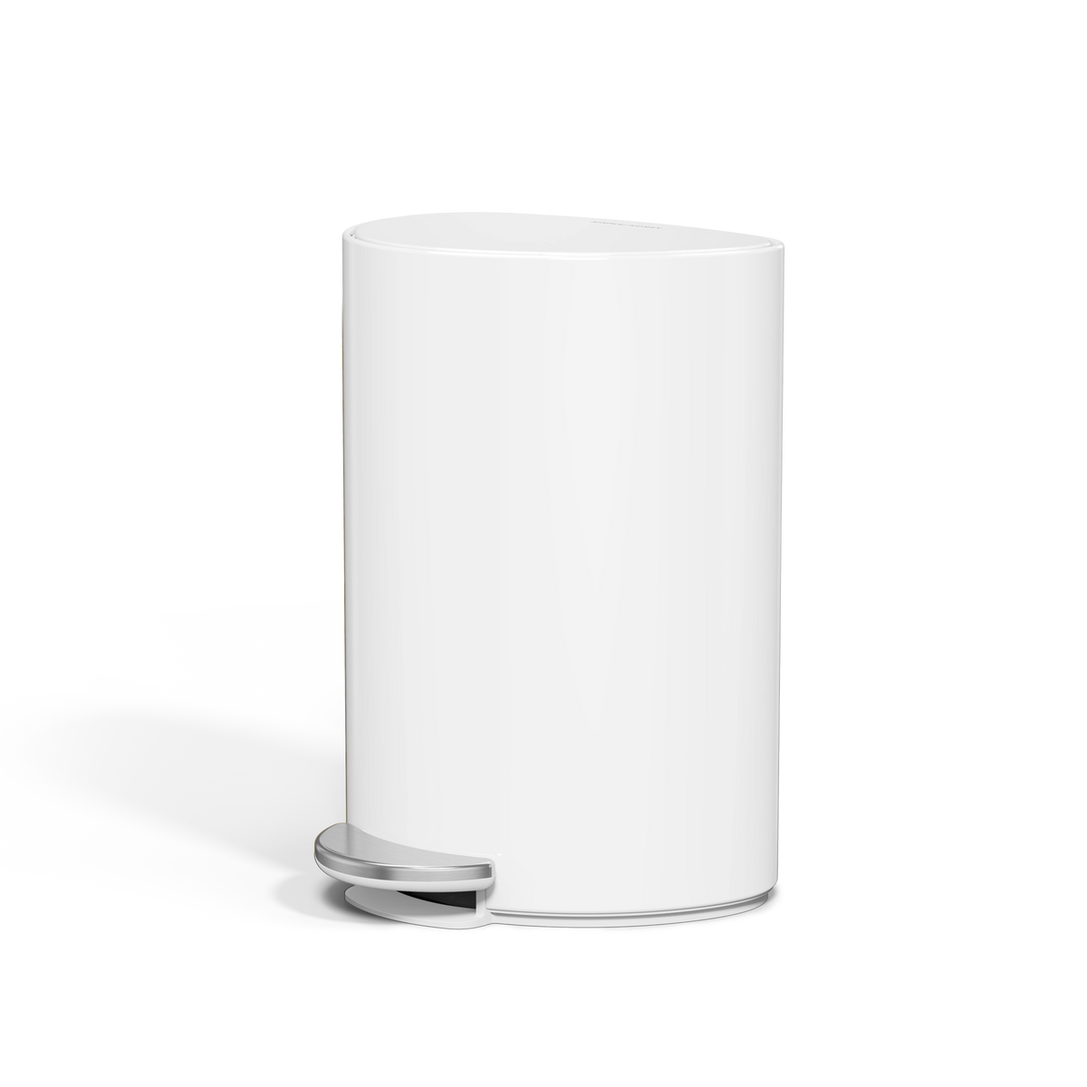 Simplehuman 6L Semi-Round Step Can, Detail view of White body showing durable steel pedal mechanism for hands-free operation.