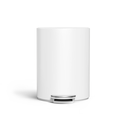 Simplehuman White 6L Semi-Round Step Can, front view, space-saving design with durable steel pedal.