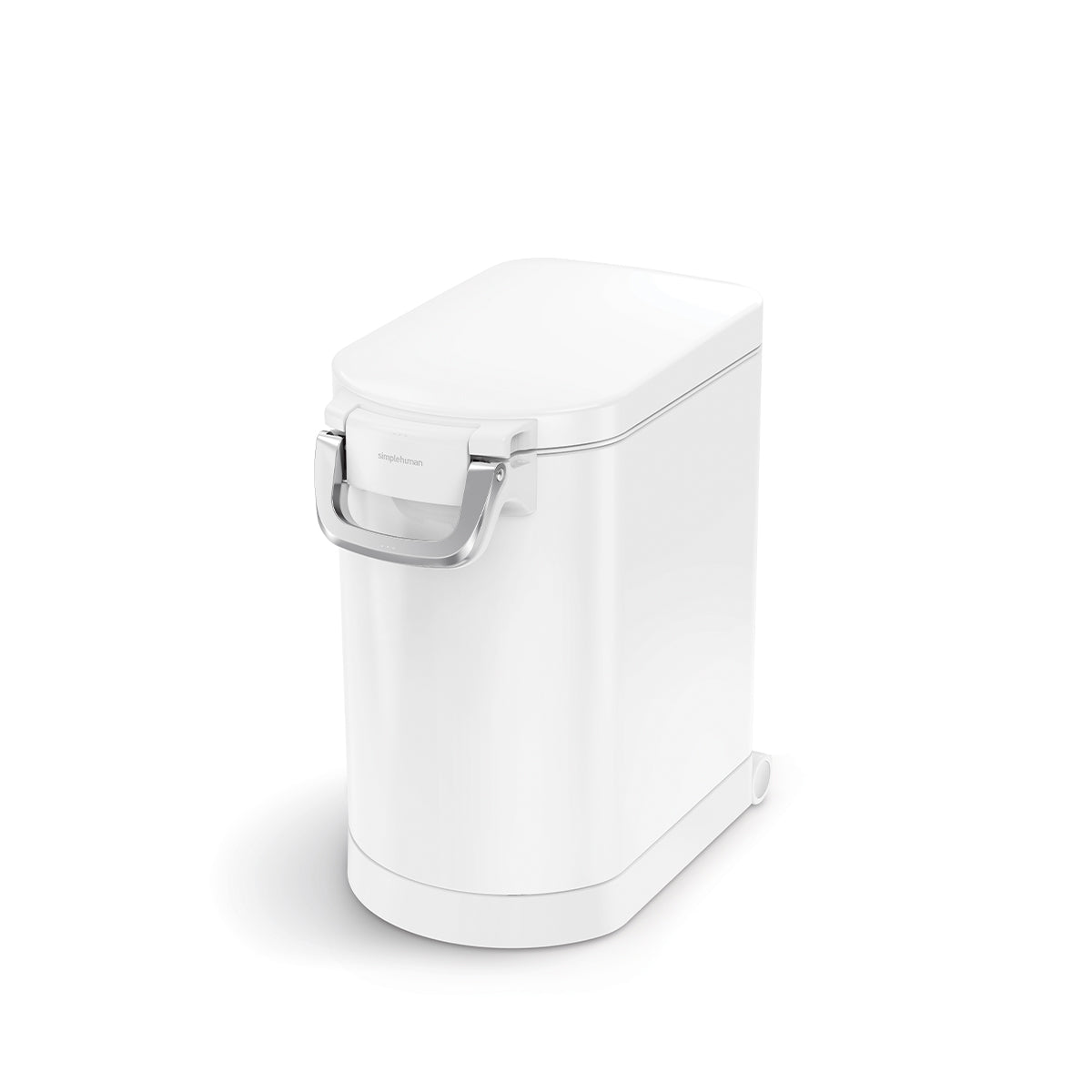 Front view of Simplehuman Medium Pet Food Can, White, airtight locking handle, and easy-move wheels.