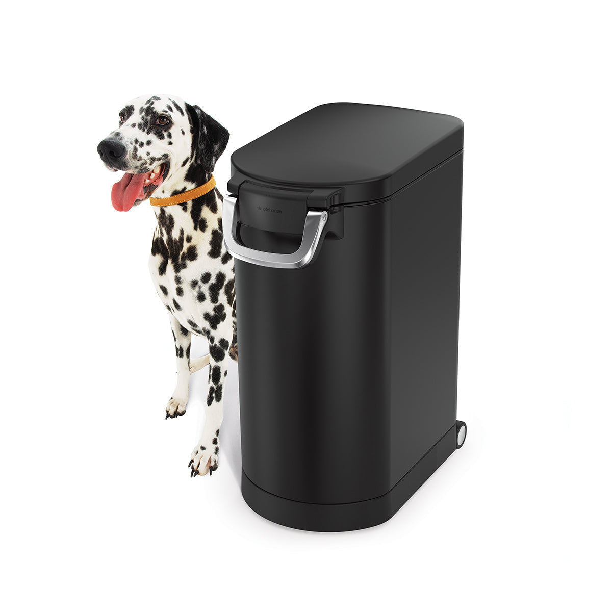 Simplehuman Large Pet Food Can in Matte Black next to Dalmatian, features airtight locking handle and integrated wheels.
