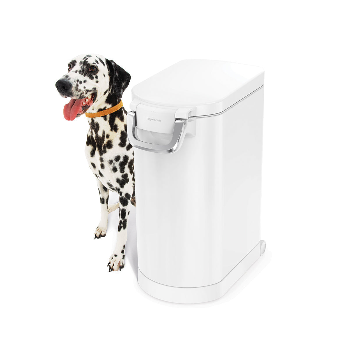 Front view of Simplehuman White Large Pet Food Can next to Dalmatian, airtight locking handle.